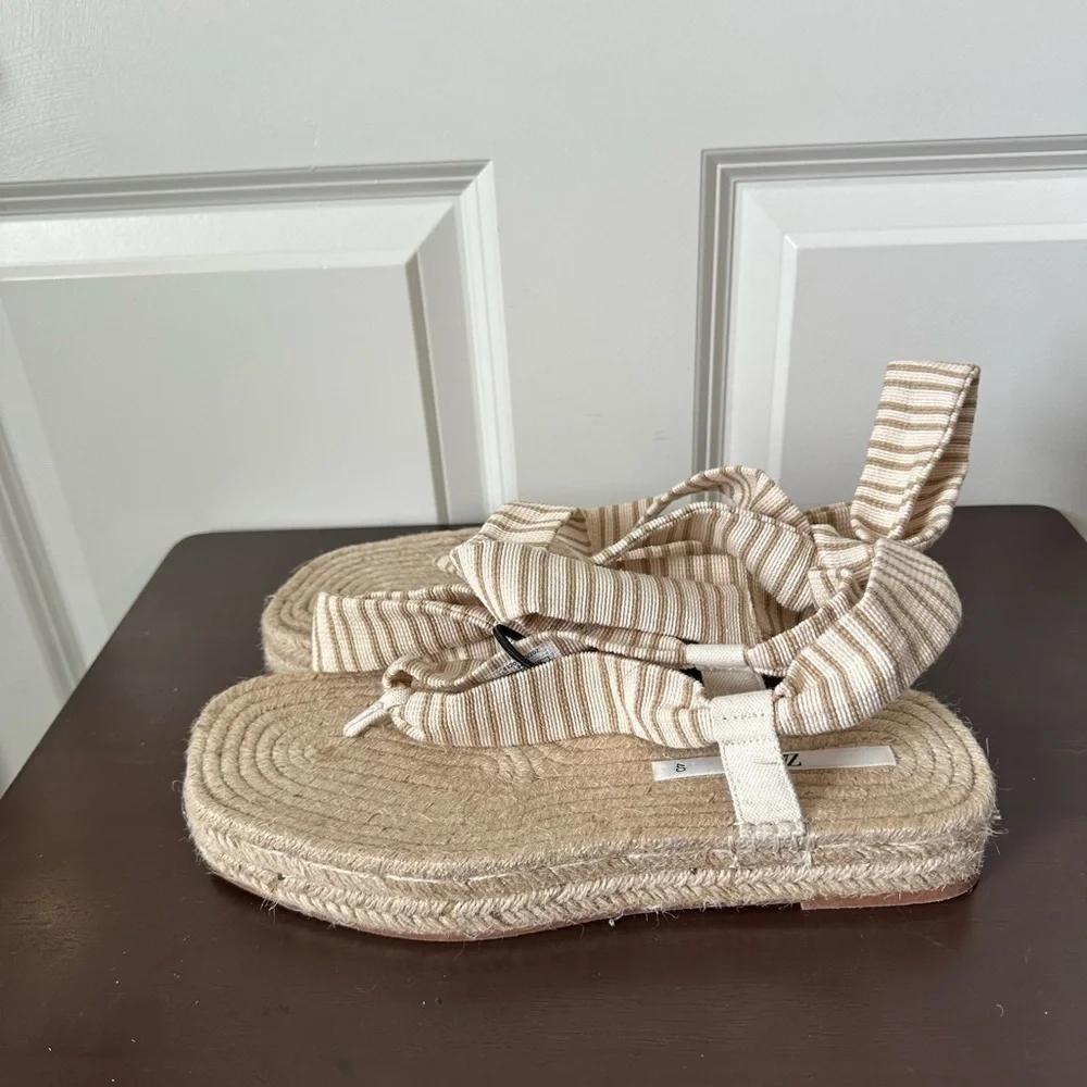 Zara Lace Up Striped Espadrille Sandals 40 , US 9.5